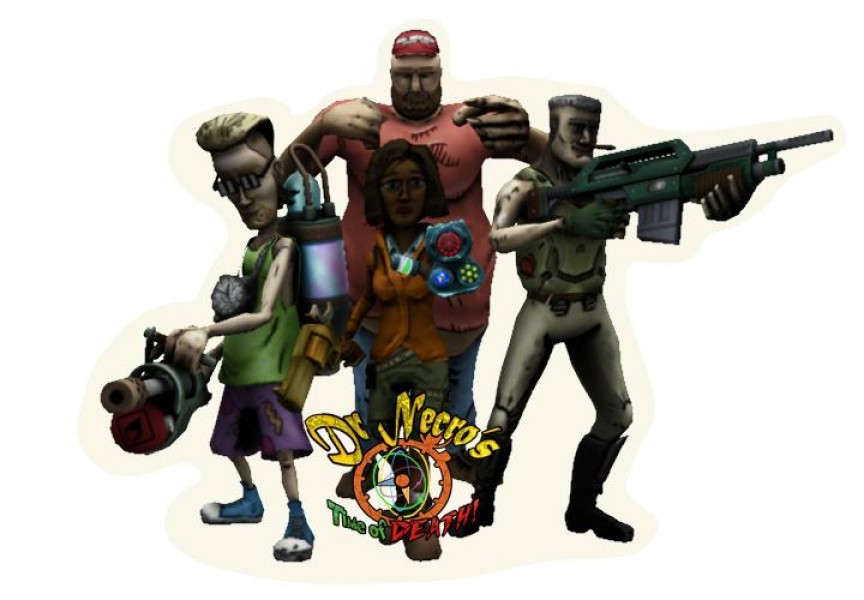 Dr. Necro's Time of Death - Playable Characters - A rendering of the in-game characters with the game's logo placed in front. This was used as a reference for producing the physical standing card-board cut outs for the game.