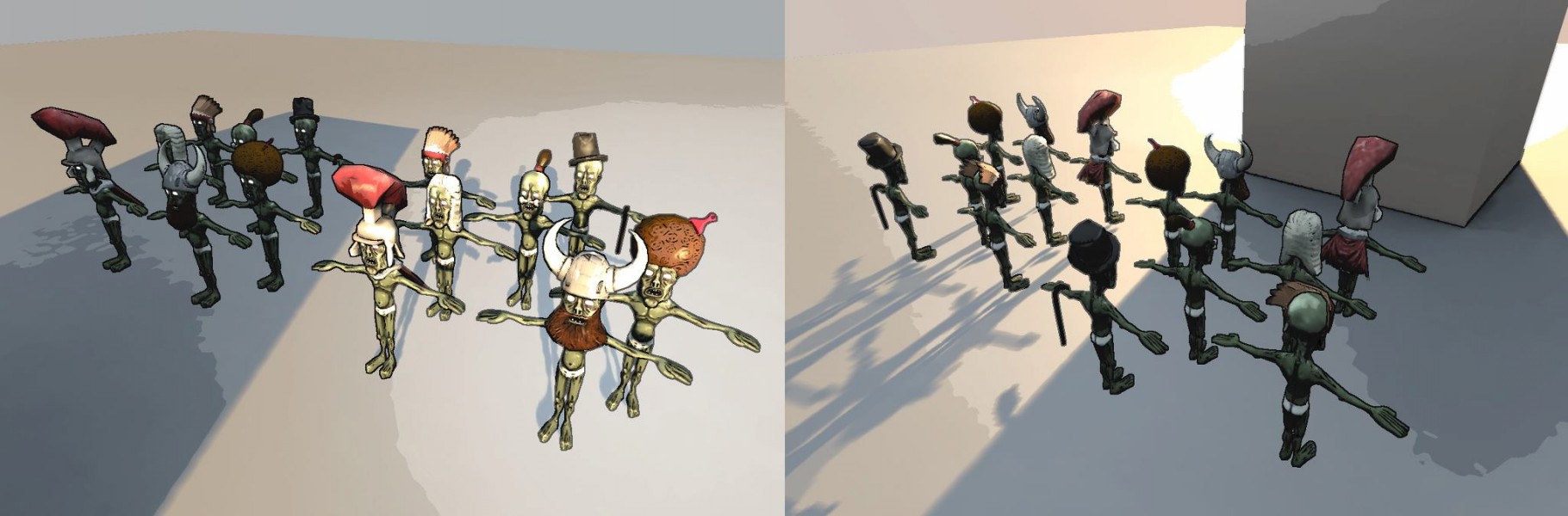 Dr. Necro's Time of Death - Zombies - A picture displaying the enemy in-game zombies, with various hats attached to the head socket of the character.