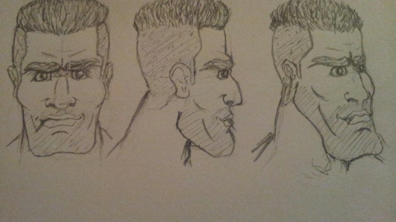 Early version of sketches for one of the playable in-game characters, Sarge. This became the final design for the character.