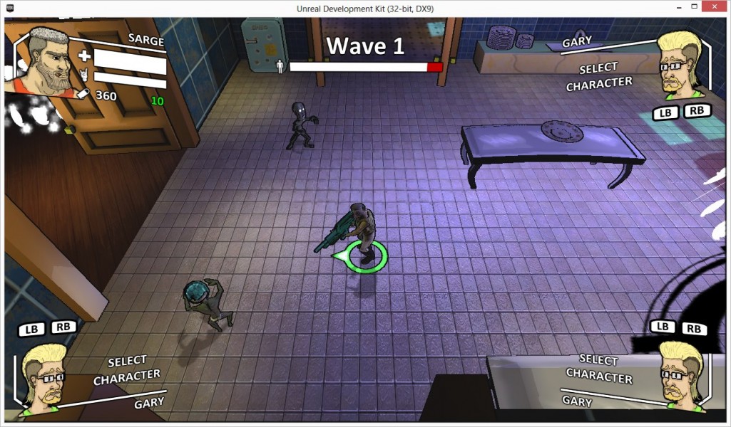 Dr. Necro's Time of Death - Playable Character Sarge - An in-game screenshot of one of four playable characters in the game, Sarge. The character is in the "Kitchen" area of Dr Necro's mansion. 