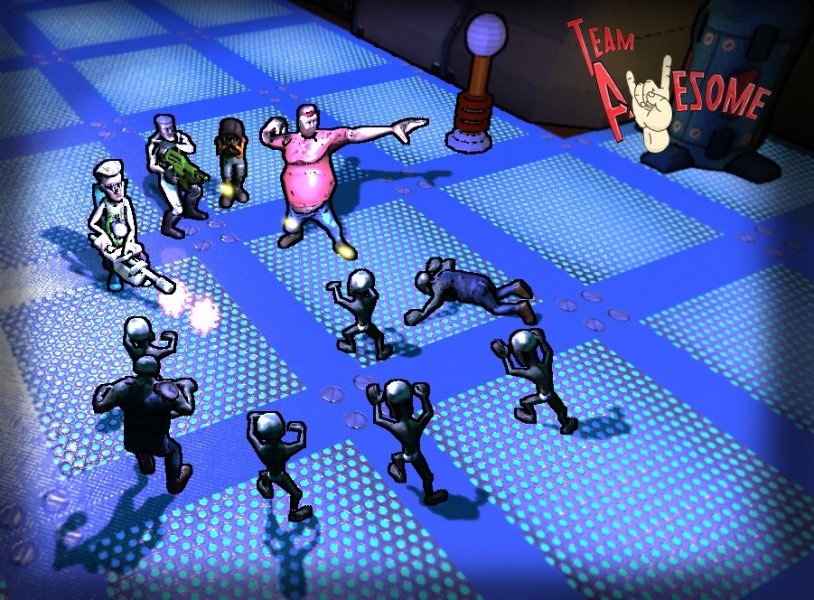 Dr. Necro's Time of Death - Marketing Screenshot - A picture of the game with some of the playable characters and enemy zombies placed in different poses.