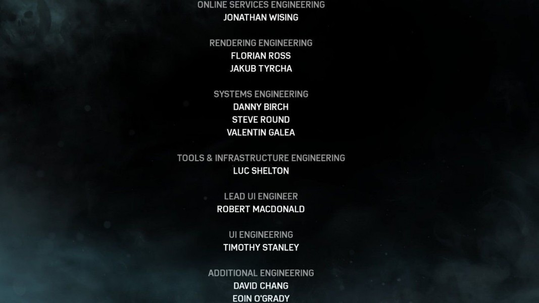Credits - The credits screen for Gears of War 4. Displaying my attribution under "Tools and Infrastructure Engineering".