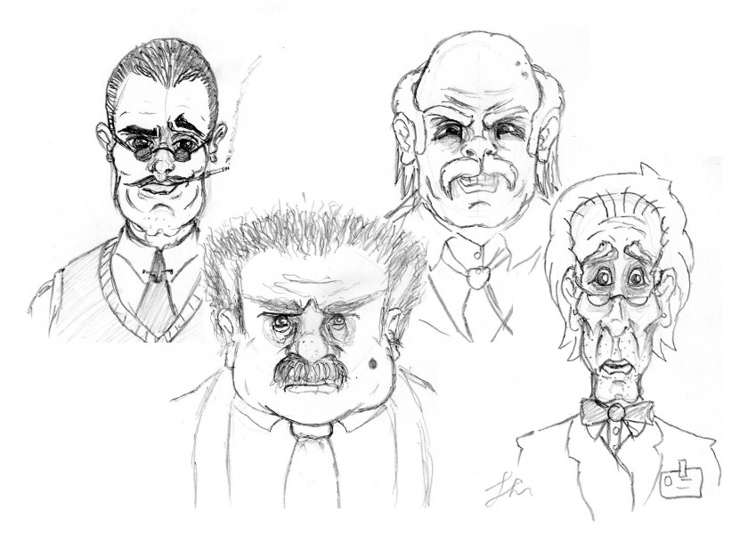Character Concept Sketches for Dr. Necro - Some concept sketches for Dr. Necro, the main villain of the game. The final version of the game made use of the design in the bottom-right hand corner.