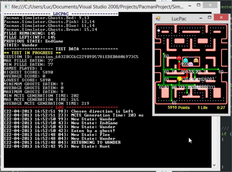 Ms. Pac-Man Simulator - A screenshot of an instance of the Ms. Pac-Man Simulator with the AI agent running in the background.