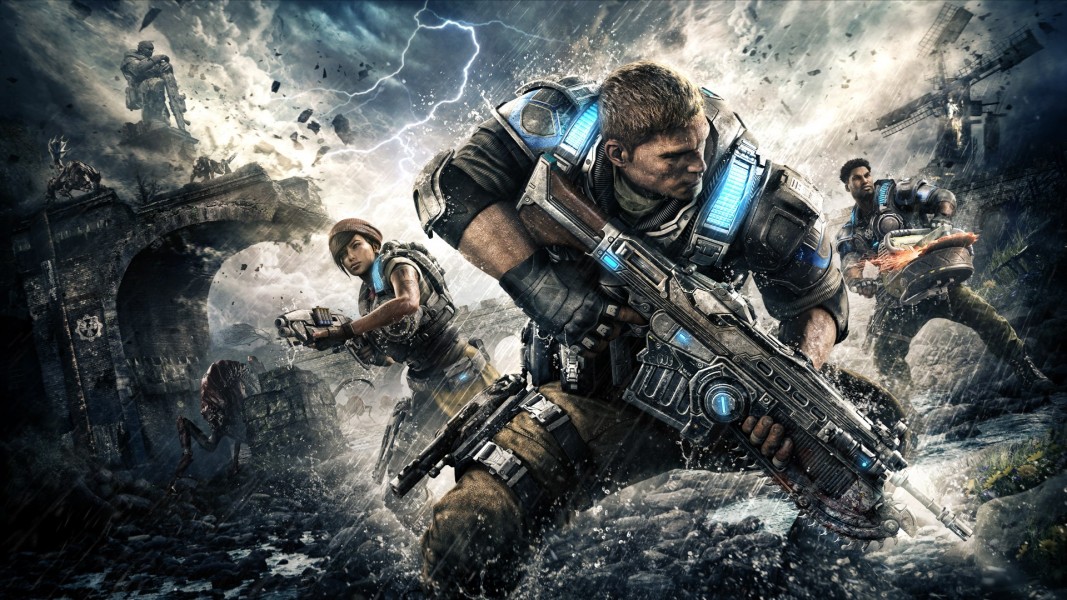 Gears of War 4: Box Art - One of the pieces of marketing cover art that was used for Gears of War 4. In this picture is the three main characters of the game: Kait, JD, and Del.