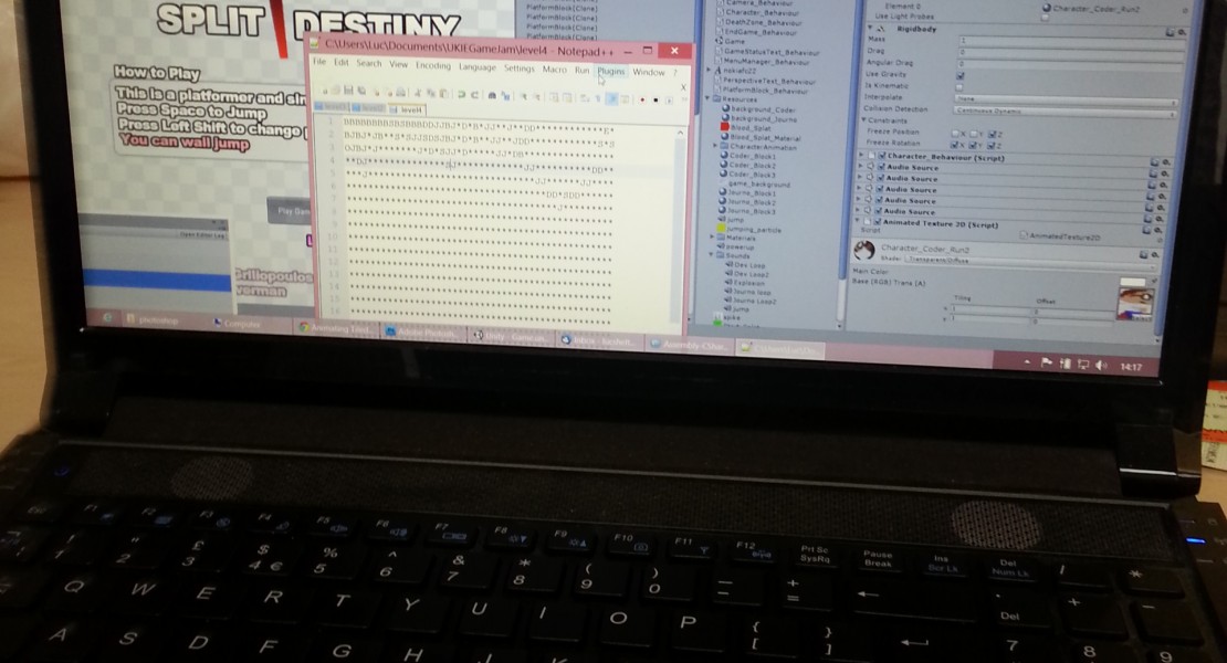Working on Split Destiny during the JournoDevSwap game jam at the UKIE offices in London.