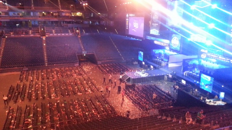 The aftermath of the grand final at ESL One Cologne 2015. The stadium is mostly empty.