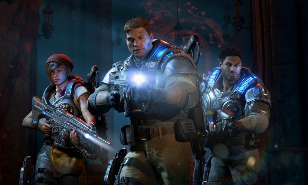 Gears of War 4 Characters: Kait, JD, and Del - The three main characters in the game featured in one of the cinematic marketing graphics found on various online stores.